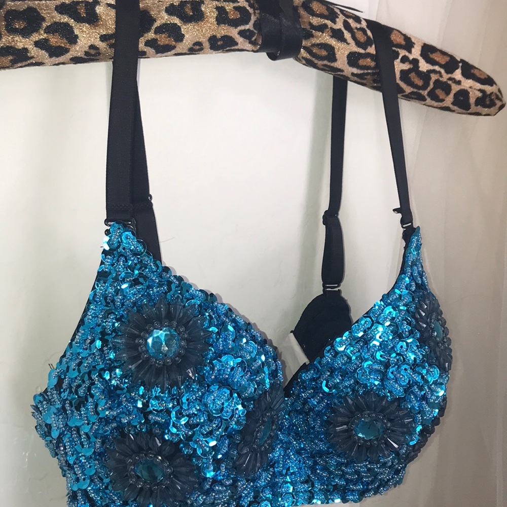 Turquoise Jeweled Fashion Bra Blue Black Size 34B